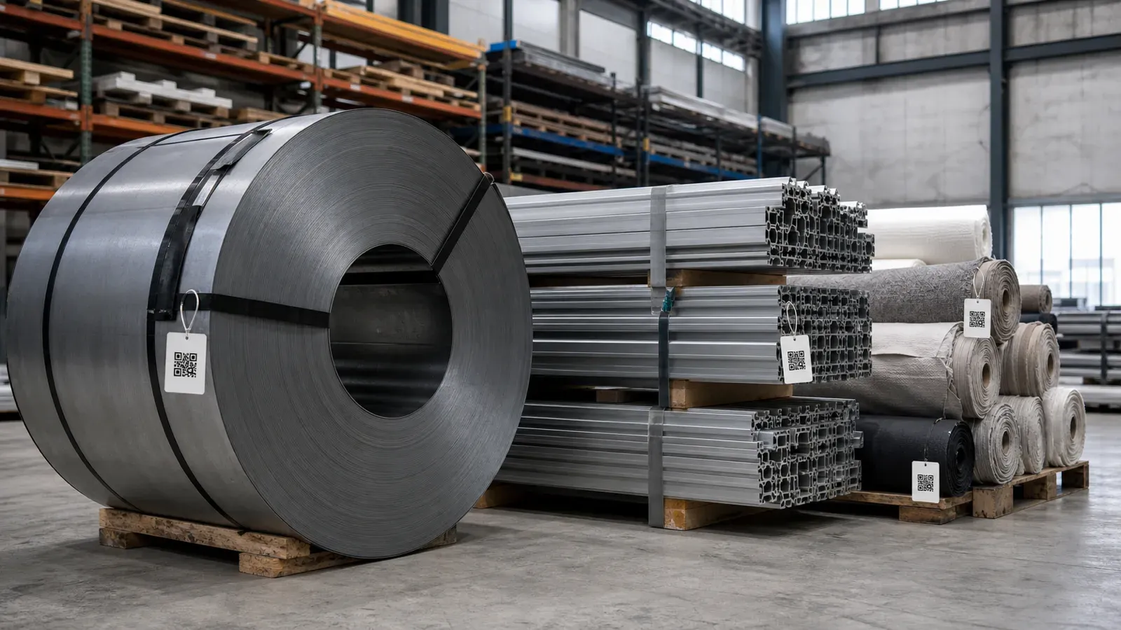 Steel coil, aluminium sections and rolls of textile stacked in a European warehouse, each bundle carrying a small scannable tag