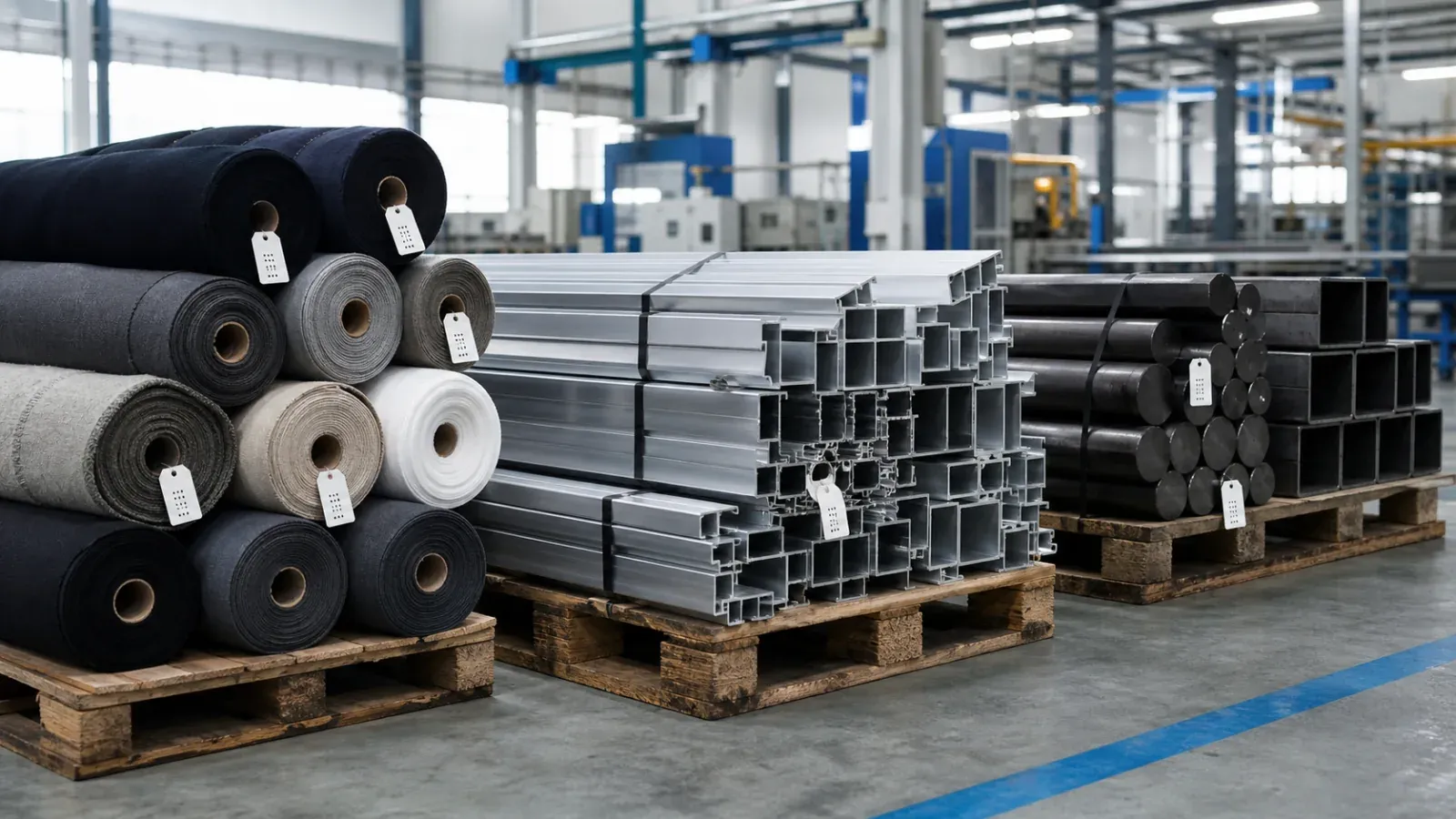 Textile rolls, aluminium sections and steel stock on a European factory floor, each pallet tagged with a scannable label