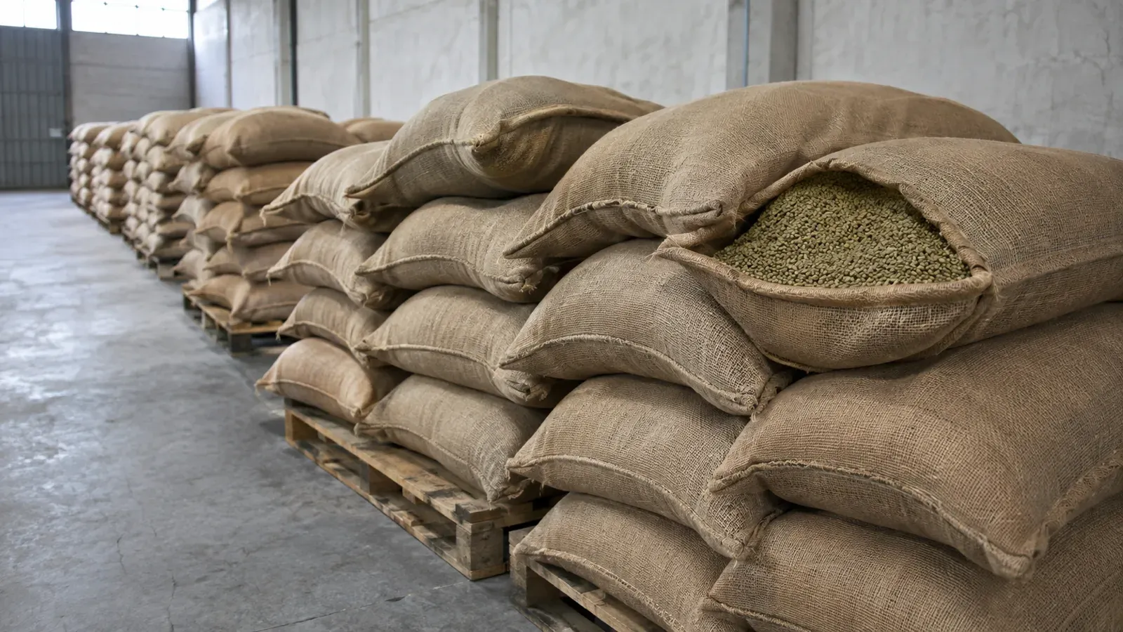 Jute sacks of green coffee stacked on wooden pallets in a European warehouse under flat grey daylight, rows of pallets receding down the aisle behind them