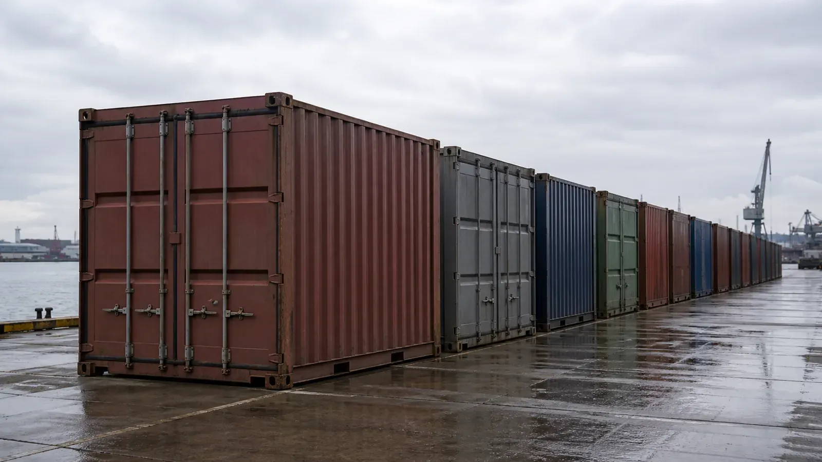A row of sealed shipping containers waiting on a quayside under flat northern European daylight before customs release