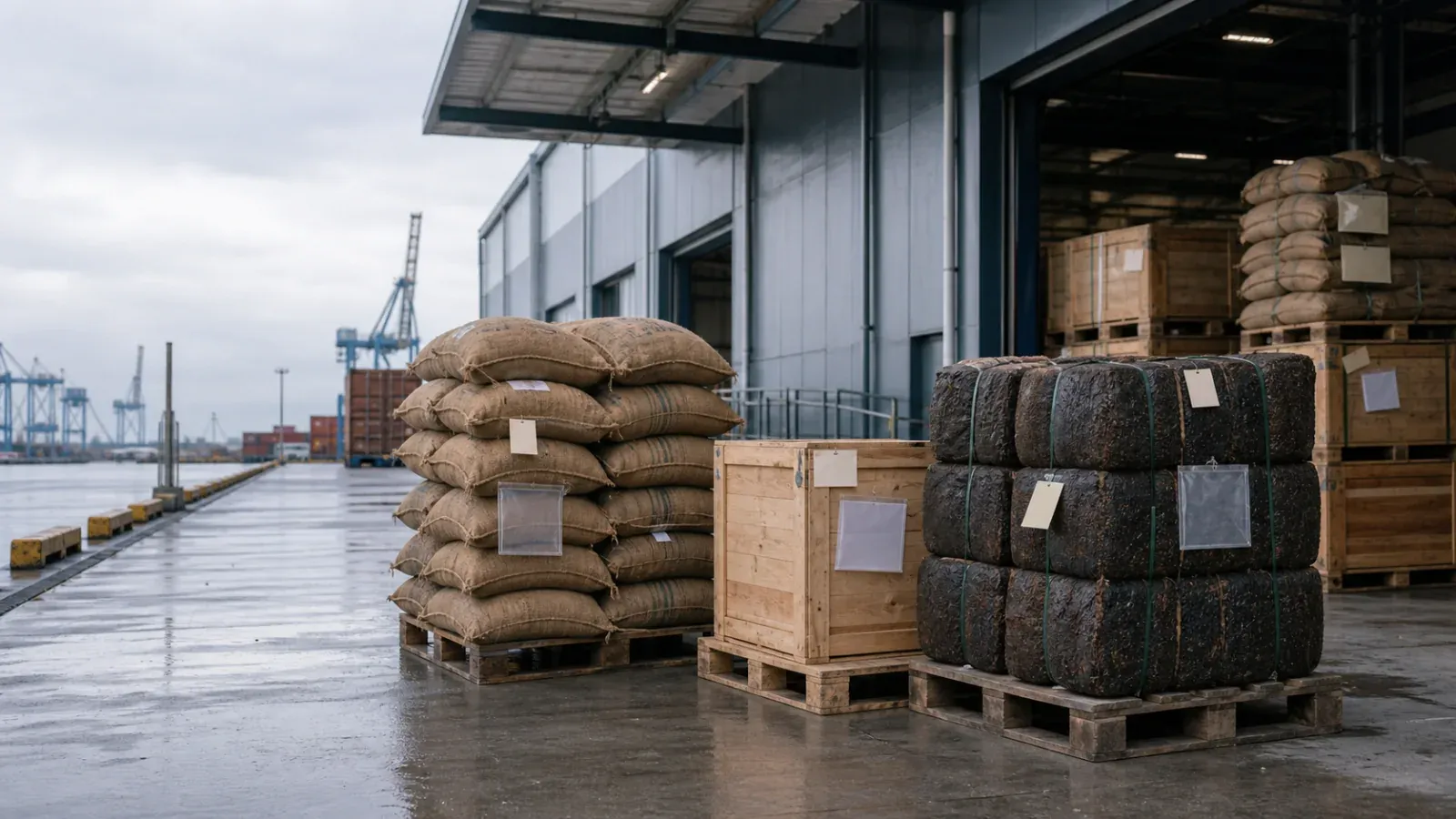 Stacked pallets of raw agricultural commodities waiting beside a loading dock at a European import terminal in overcast light