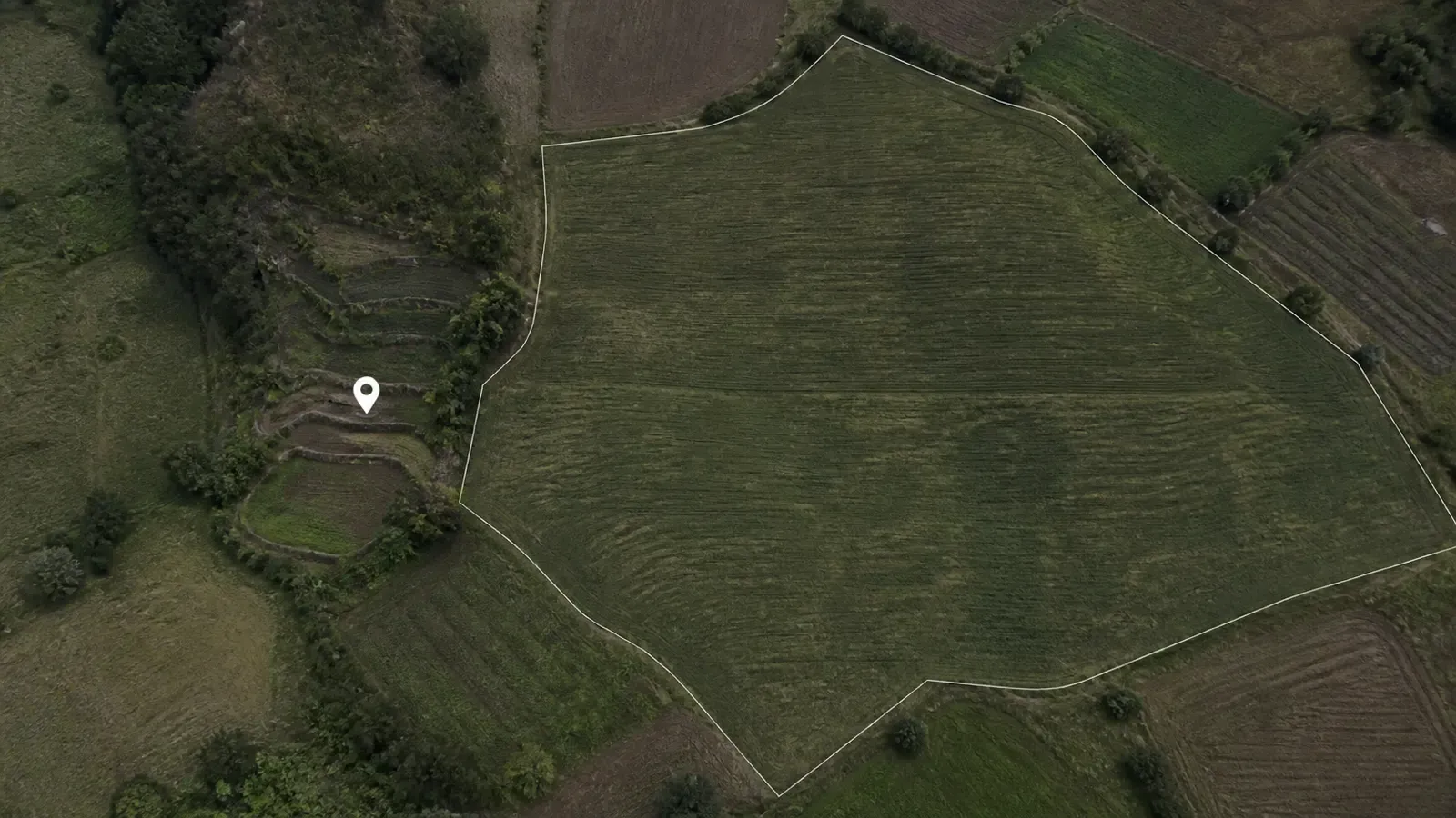 A small terraced smallholding next to a large open field seen from above, the small one marked with a single coordinate pin and the large one traced with a boundary line
