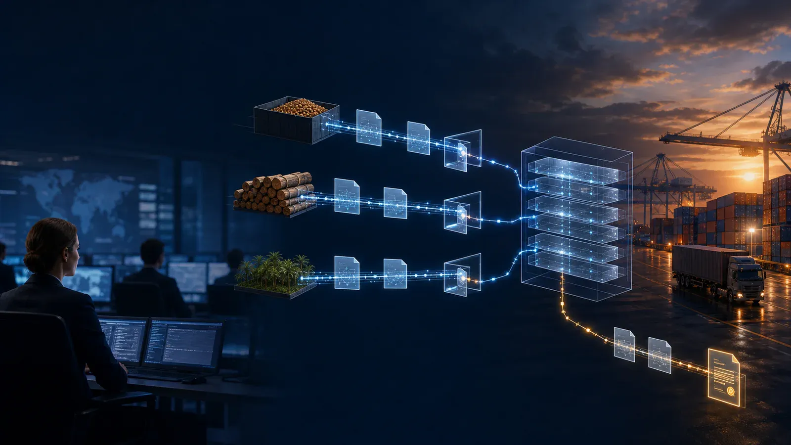Three supply-chain data lanes moving through a secure information system before a later acknowledgement returns