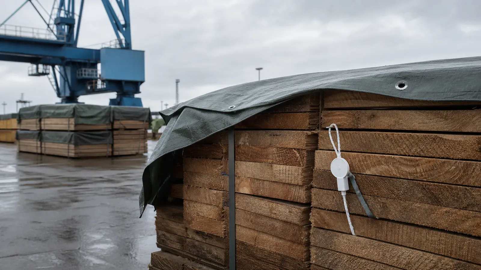 Stacked timber and sawn boards held under a tarpaulin in a European port yard under flat grey light, a customs seal visible on the nearest bundle