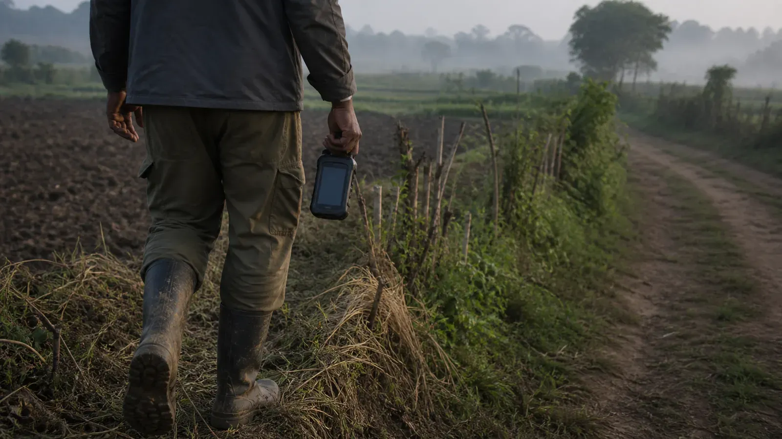 A smallholder farm boundary walked with a handheld satellite receiver, neighbouring plots and a dirt access track visible in low morning light