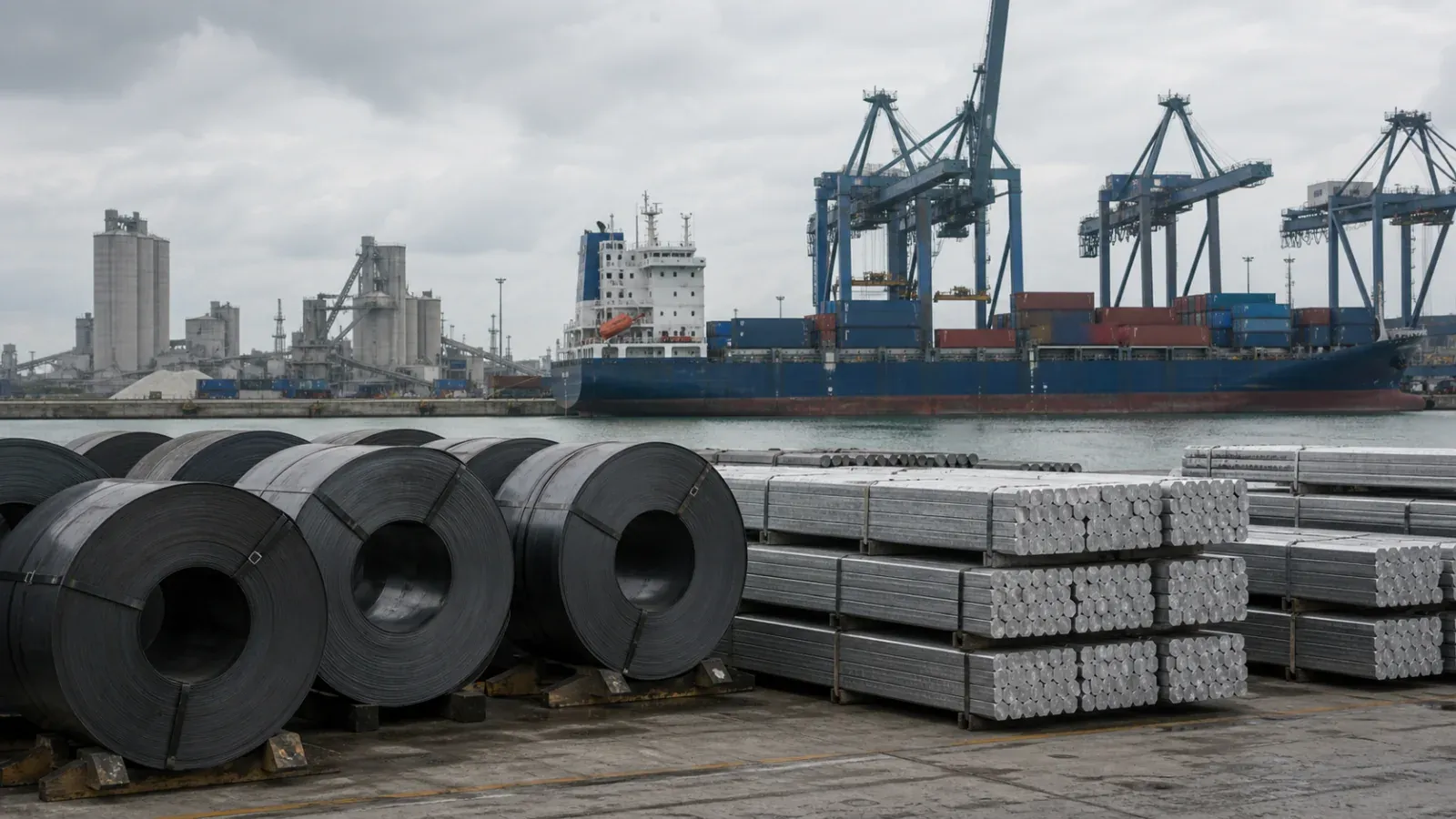 Cargo ship and steel coils at a European port with an industrial skyline in muted tones