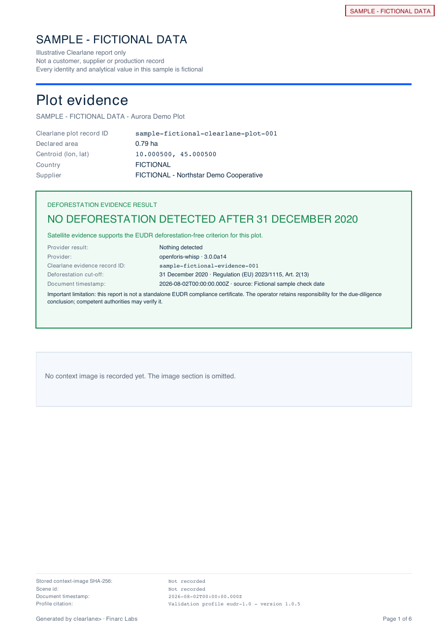 Page one of the fictional sample report, headed Sample - Fictional Data and showing No deforestation detected after 31 December 2020
